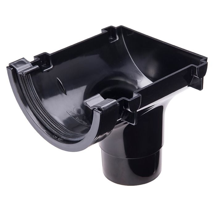 Black 112mm Half Round Gutter to 68mm Round Downpipe Stopend Outlet