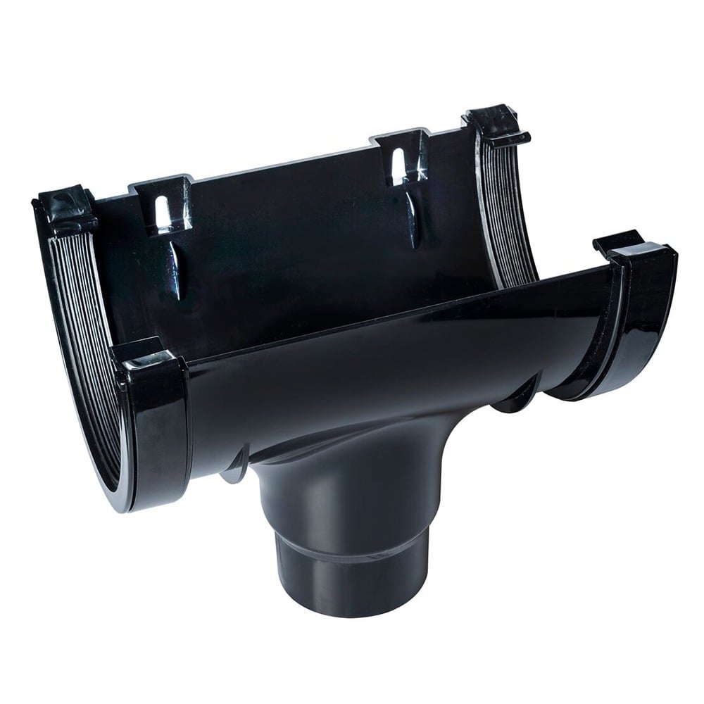 Black 170mm Super Deep Gutter to 110mm Round Downpipe Running Outlet Black 170mm Super Deep Gutter to 110mm Round Downpipe Running Outlet