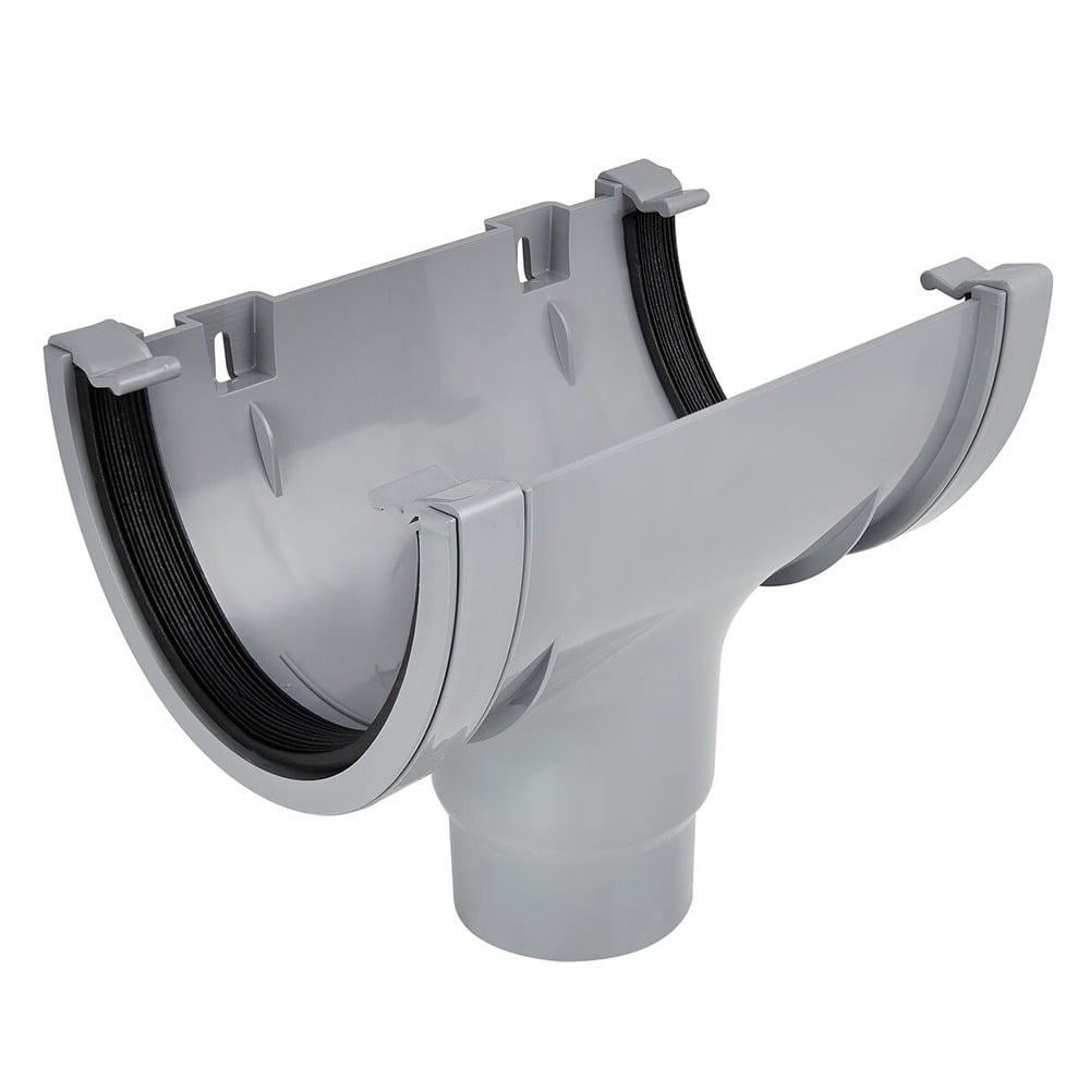 Grey 170mm Super Deep Gutter to 110mm Round Downpipe Running Outlet Grey 170mm Super Deep Gutter to 110mm Round Downpipe Running Outlet