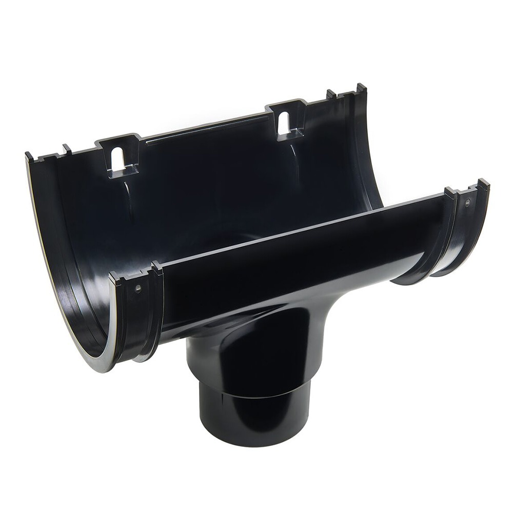 Black 114mm Deep Gutter to 68mm Round Downpipe Running Outlet Black 114mm Deep Gutter to 68mm Round Downpipe Running Outlet