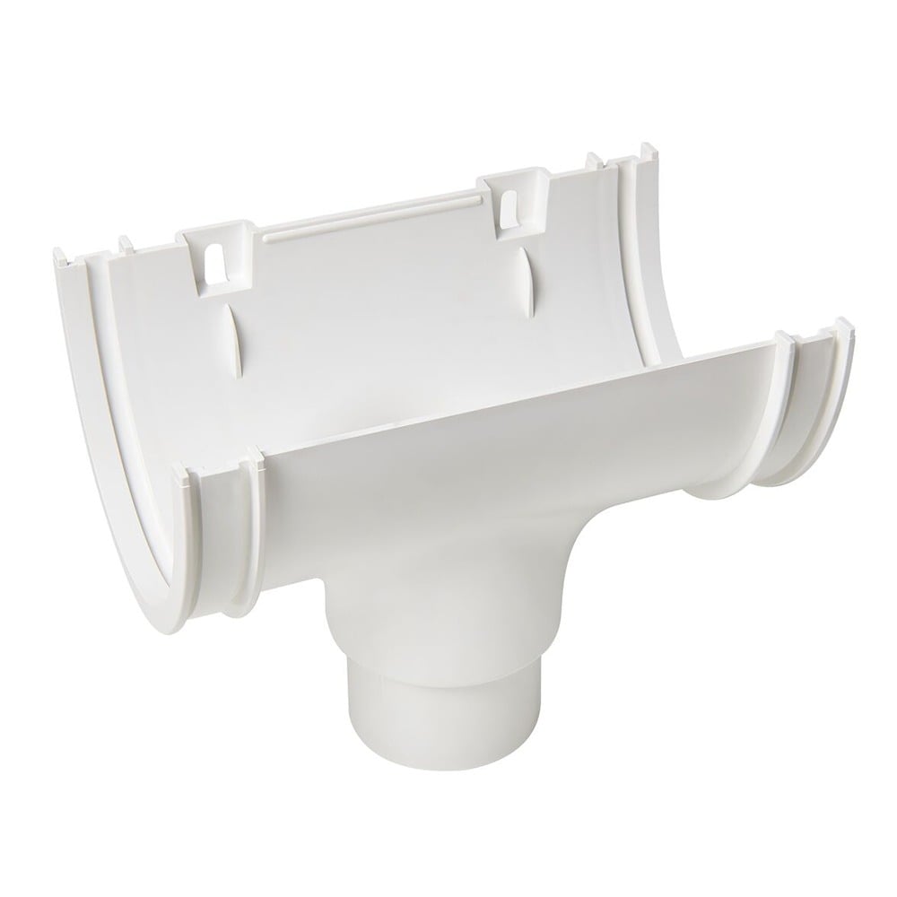 White 114mm Deep Gutter to 68mm Round Downpipe Running Outlet White 114mm Deep Gutter to 68mm Round Downpipe Running Outlet
