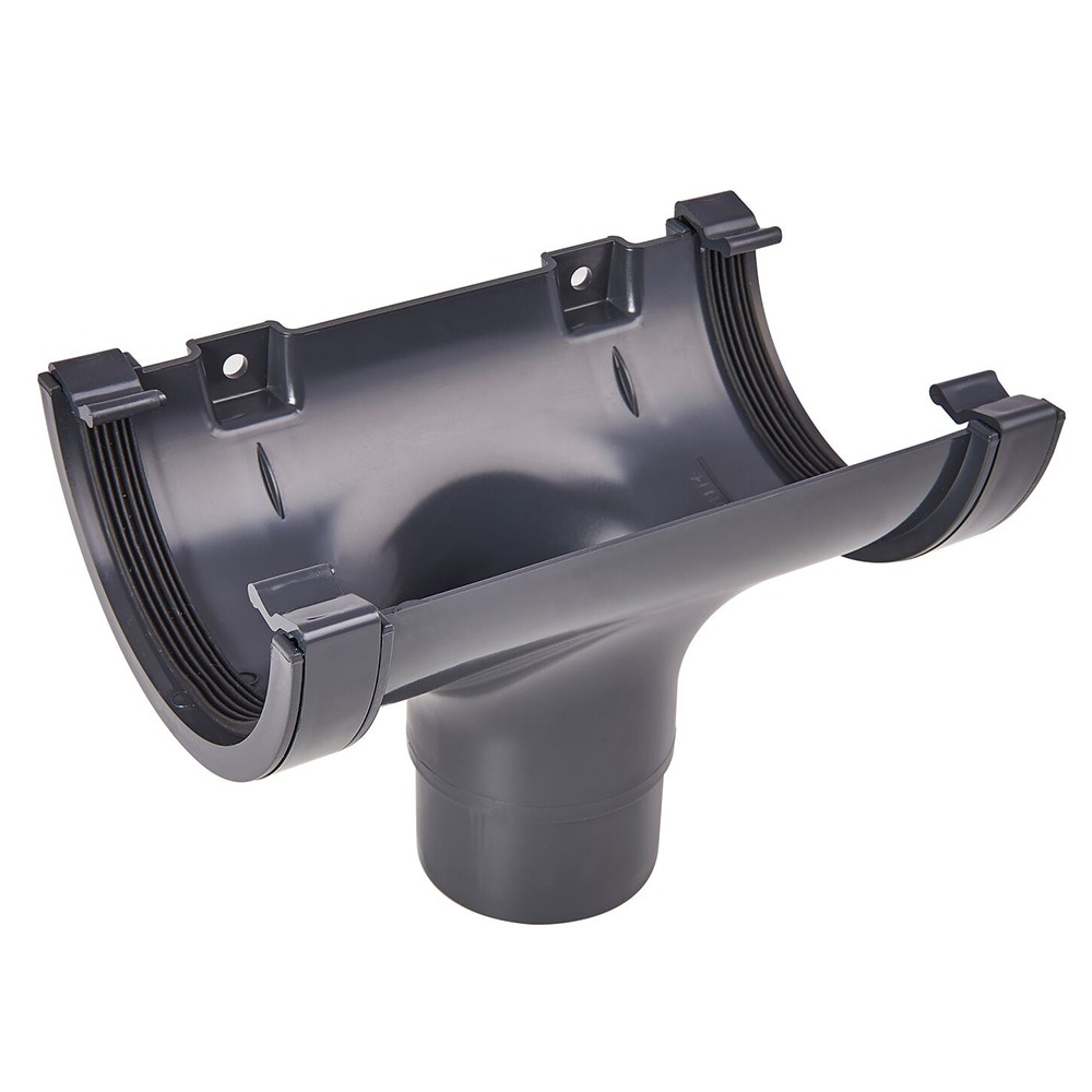 Anthracite Grey 112mm Half Round Gutter to 68mm Round Downpipe Running Outlet Anthracite Grey 112mm Half Round Gutter to 68mm Round Downpipe Running Outlet