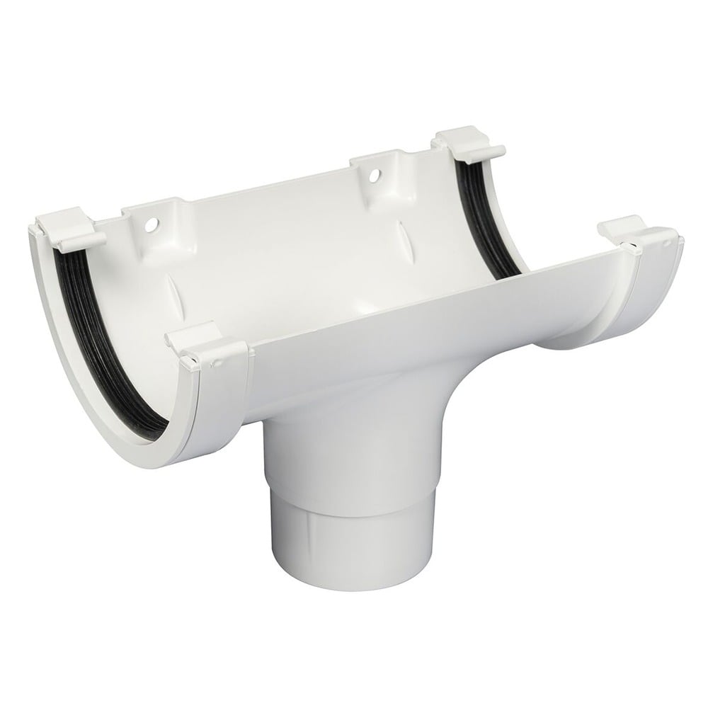 White 112mm Half Round Gutter to 68mm Round Downpipe Running Outlet White 112mm Half Round Gutter to 68mm Round Downpipe Running Outlet