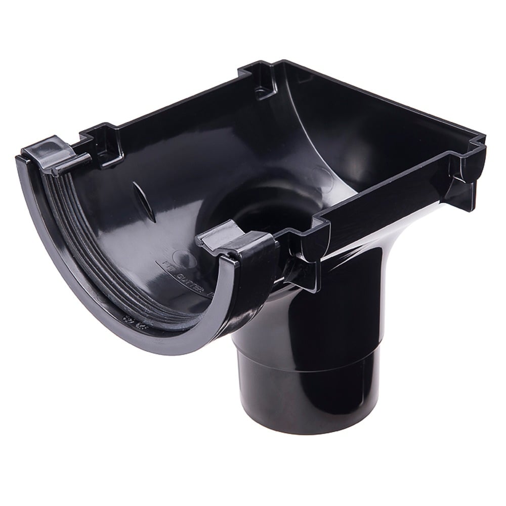 Black 112mm Half Round Gutter to 68mm Round Downpipe Stopend Outlet Black 112mm Half Round Gutter to 68mm Round Downpipe Stopend Outlet