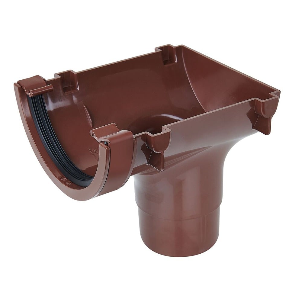 Brown 112mm Half Round Gutter to 68mm Round Downpipe Stopend Outlet Brown 112mm Half Round Gutter to 68mm Round Downpipe Stopend Outlet
