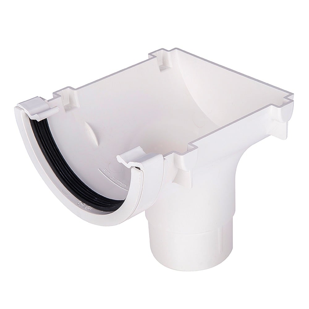 White 112mm Half Round Gutter to 68mm Round Downpipe Stopend Outlet White 112mm Half Round Gutter to 68mm Round Downpipe Stopend Outlet