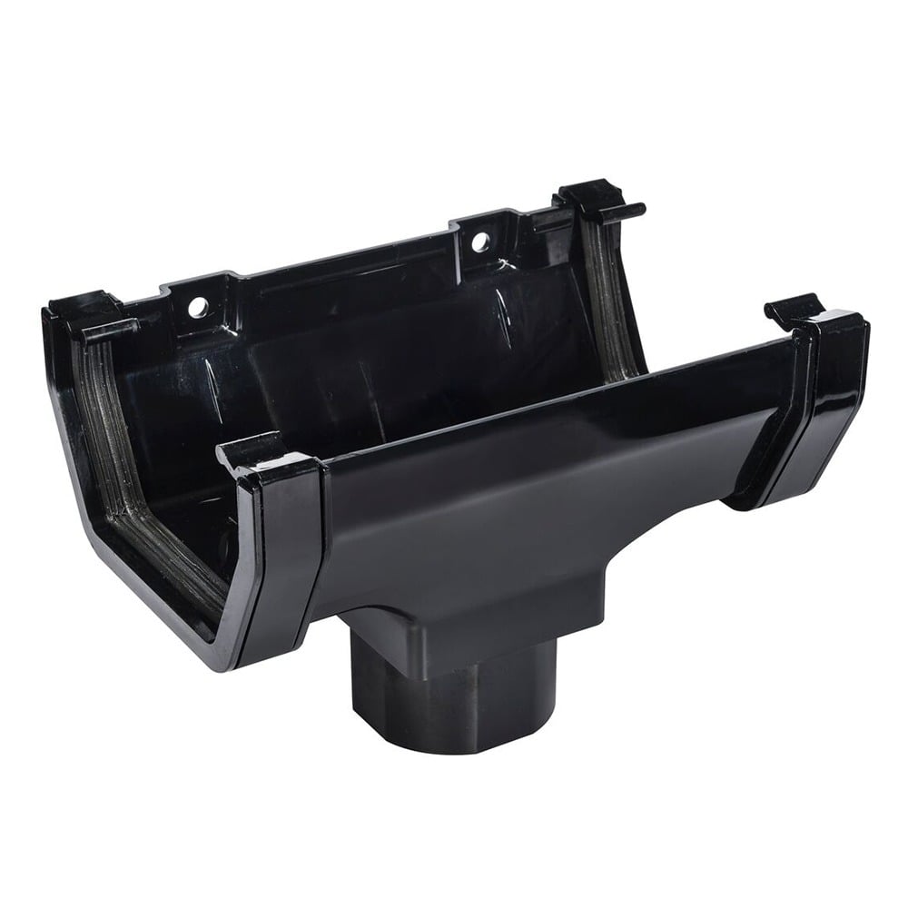 Black 117mm Square Gutter to 65mm Square or 68mm Round Downpipe Running Outlet Black 117mm Square Gutter to 65mm Square or 68mm Round Downpipe Running Outlet