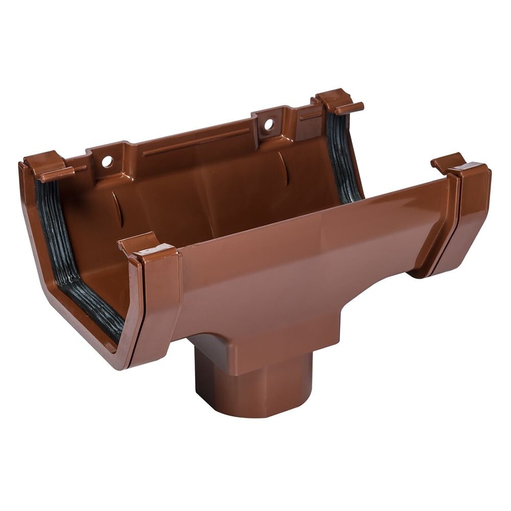 Brown 117mm Square Gutter to 65mm Square or 68mm Round Downpipe Running Outlet Brown 117mm Square Gutter to 65mm Square or 68mm Round Downpipe Running Outlet