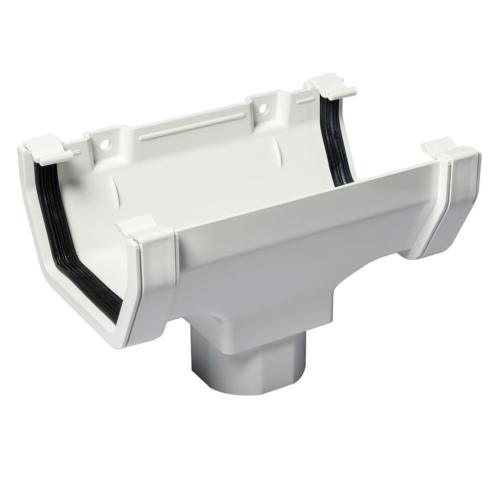 White 117mm Square Gutter to 65mm Square or 68mm Round Downpipe Running Outlet White 117mm Square Gutter to 65mm Square or 68mm Round Downpipe Running Outlet