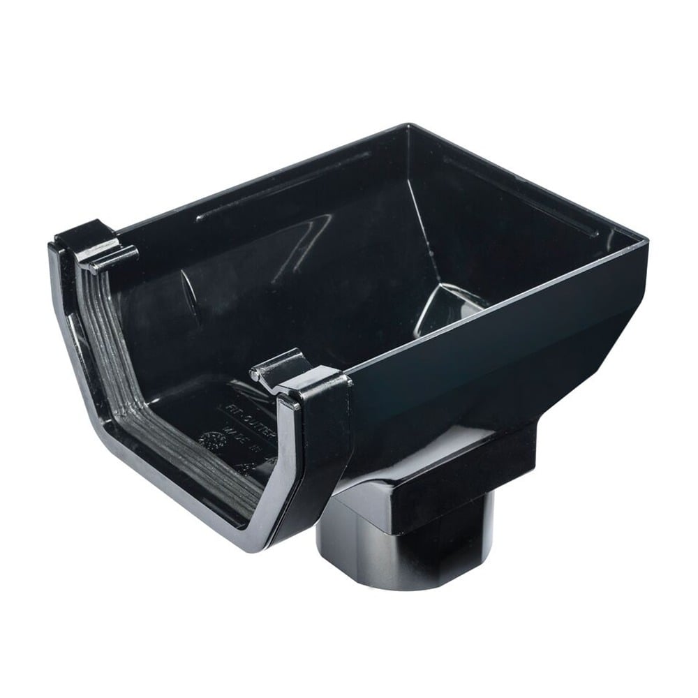 Black 117mm Square Gutter to 65mm Square or 68mm Round Downpipe Stopend Outlet Black 117mm Square Gutter to 65mm Square or 68mm Round Downpipe Stopend Outlet