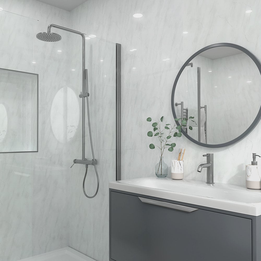 lightning shower panel installed in a bathroom with a shower