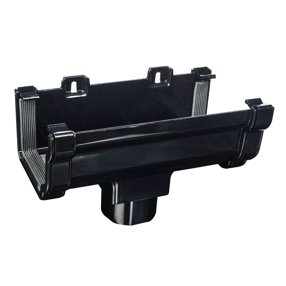 Black 120mm Ogee Gutter to 68mm Round or 65mm Square Downpipe Running Outlet Black 120mm Ogee Gutter to 68mm Round or 65mm Square Downpipe Running Outlet