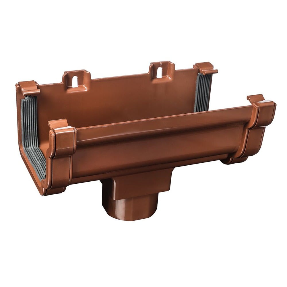 Brown 120mm Ogee Gutter to 68mm Round or 65mm Square Downpipe Running Outlet Brown 120mm Ogee Gutter to 68mm Round or 65mm Square Downpipe Running Outlet