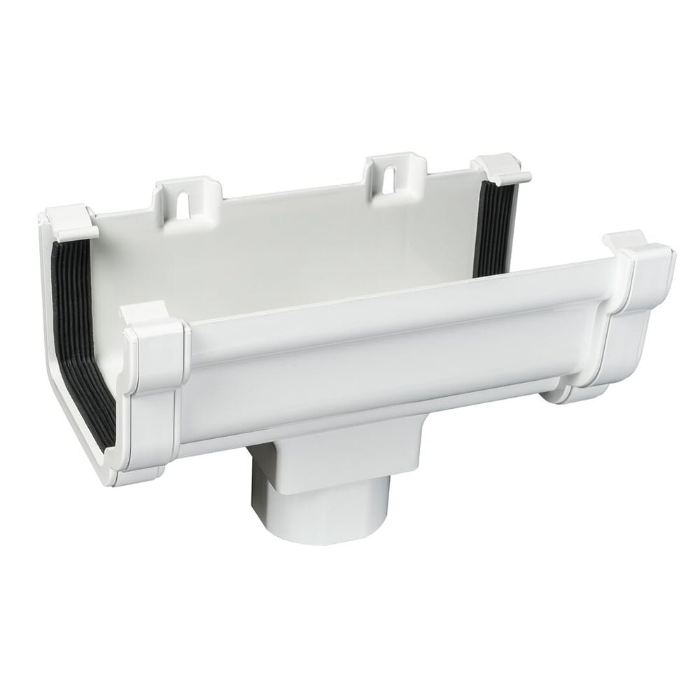 White 120mm Ogee Gutter to 68mm Round or 65mm Square Downpipe Running Outlet White 120mm Ogee Gutter to 68mm Round or 65mm Square Downpipe Running Outlet