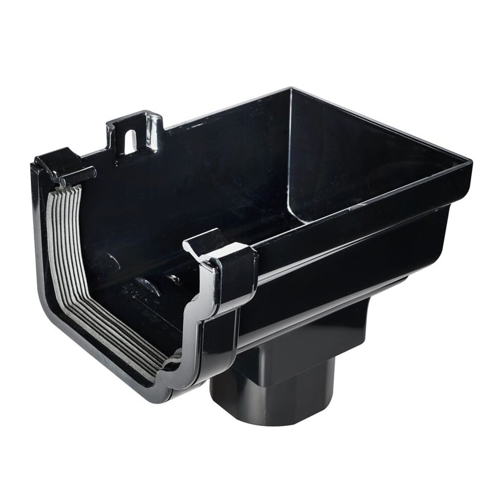 Black 120mm Ogee Gutter to 68mm Round or 65mm Square Downpipe Right Hand Stopend Outlet Black 120mm Ogee Gutter to 68mm Round or 65mm Square Downpipe Right Hand Stopend Outlet