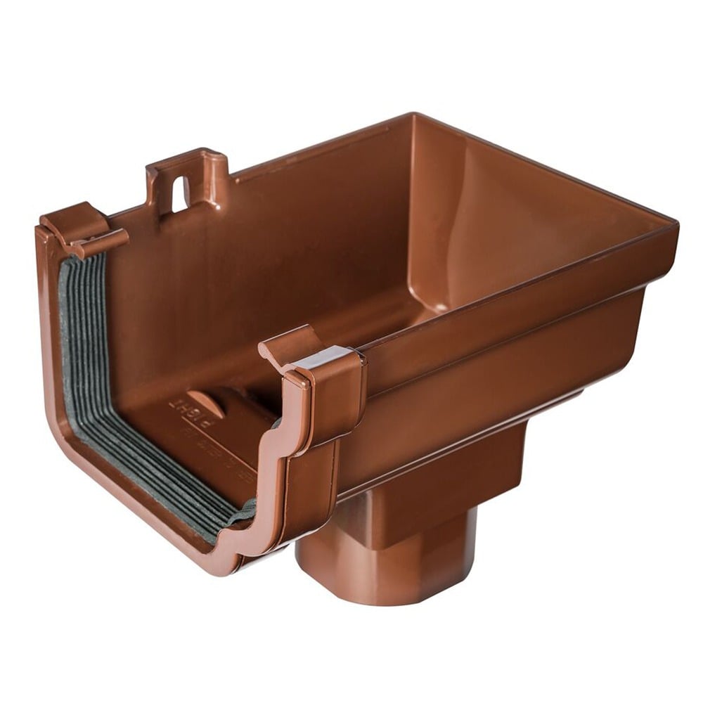 Brown 120mm Ogee Gutter to 68mm Round or 65mm Square Downpipe Right Hand Stopend Outlet Brown 120mm Ogee Gutter to 68mm Round or 65mm Square Downpipe Right Hand Stopend Outlet