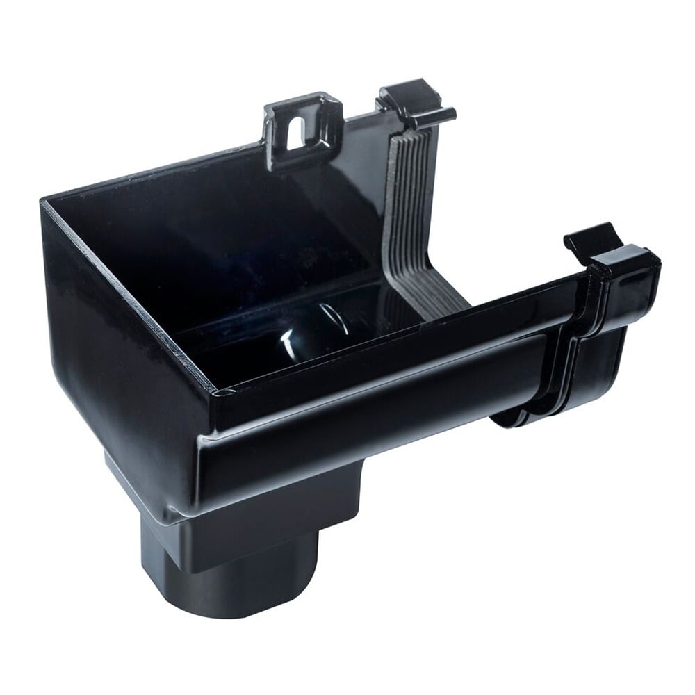 Black 120mm Ogee Gutter to 68mm Round or 65mm Square Downpipe Left Hand Stopend Outlet Black 120mm Ogee Gutter to 68mm Round or 65mm Square Downpipe Left Hand Stopend Outlet