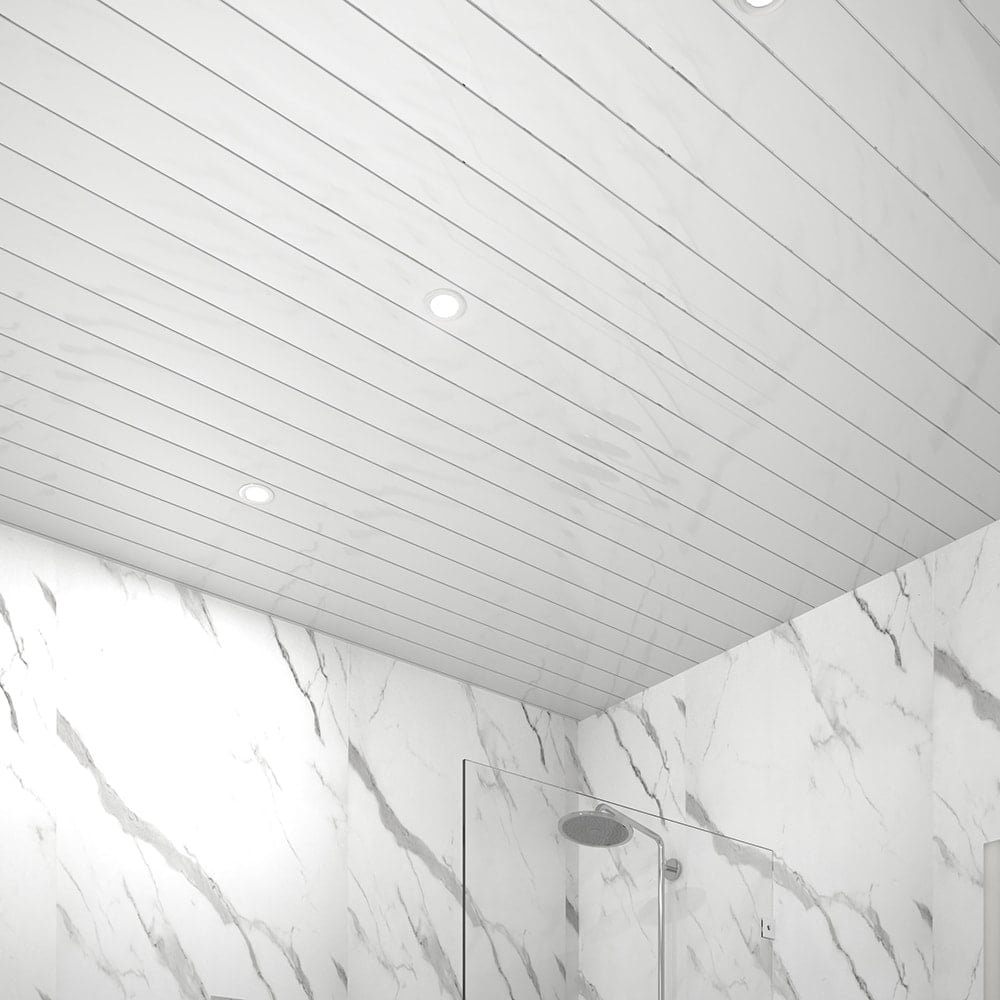 picture of a ceiling with White Gloss with Chrome Strip 5mm bathroom panels installed picture of a ceiling with White Gloss with Chrome Strip 5mm bathroom panels installed